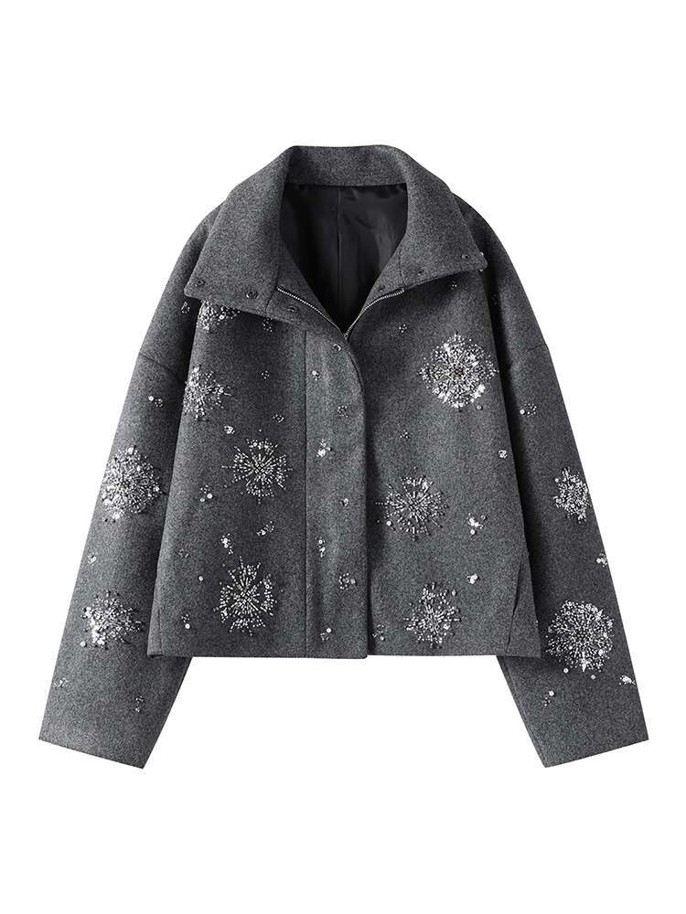 Beading Urious Chic Coat Women Loose Single Breasted Stand Collar Pocket Woolen Outwear 2024 Winter Snowflake Sequins Jackets