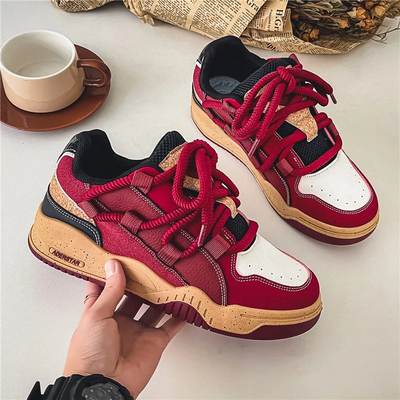 Trendy Platform Skateboard Shoes Men Retro Red Street Hip Hop Shoes Mens Skateboard Sneakers Men Low Top Casual Sneaker 250310