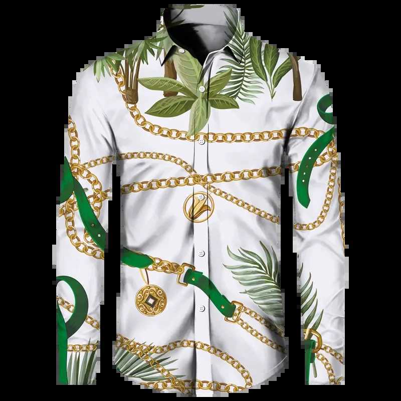 Fashionable luxury gold floral print mens Baroque style short sleeved/long sleeved lapel button top social Hawaiian party cardigan W250312