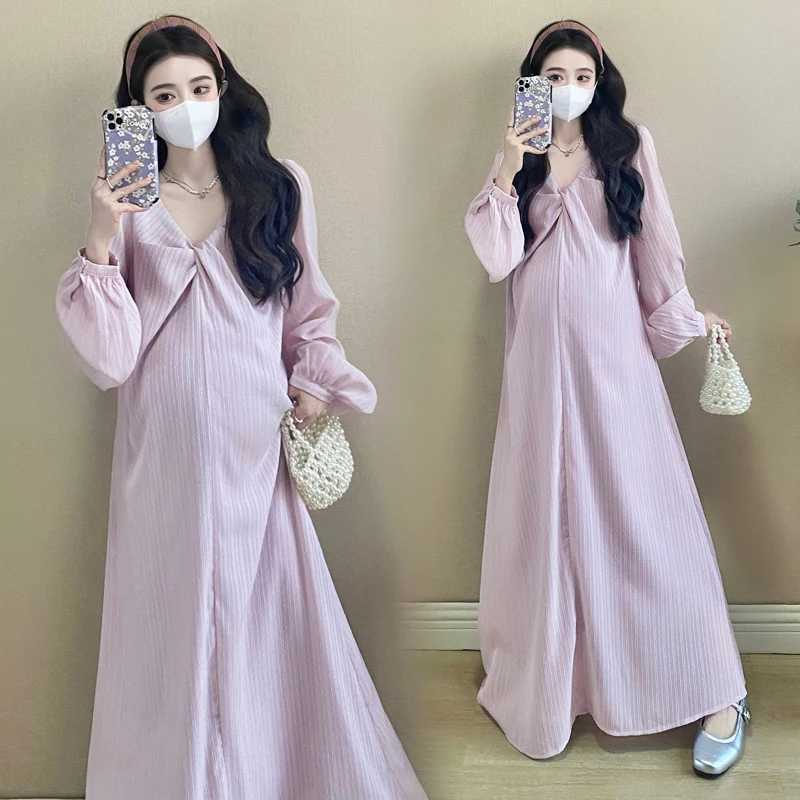 Korean Style Maternity Floor-length Dress Plus Size Lantern Sleeve V-neck Pregnant Woman Beach Dresses PinkT250311