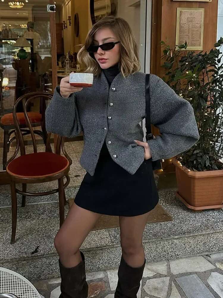 Elegant Round Neck Full Sleeve Split Slim Cropped Jacket Women Fashion Single Breasted Short Coat 2025 Lady New Spring Outwear