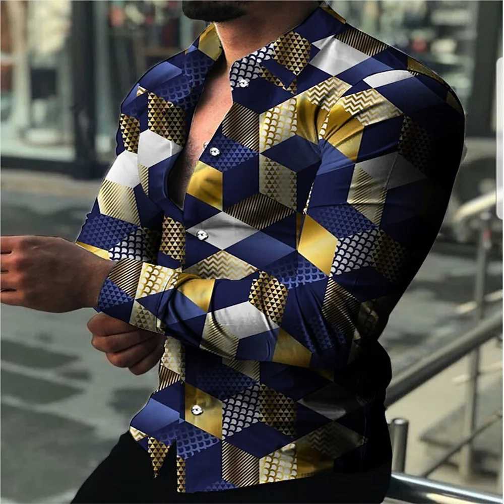 Geometric pattern mens fashion shirt long sleeved slim fit trendy casual top mens clothing graffiti street clothing super large S-5XL W250312