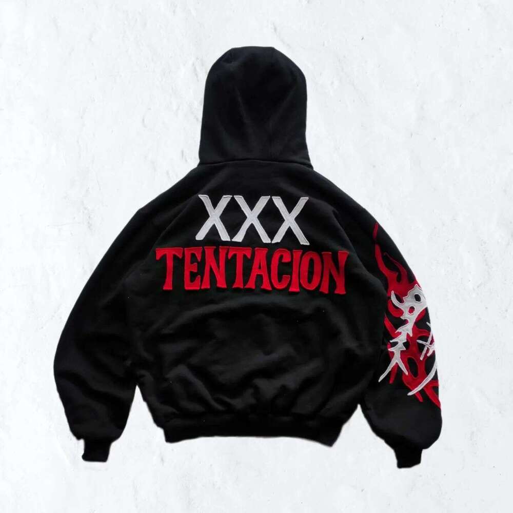 American dark style "XXX" embroidered with patch fabric, personalized design sense, high street loose fitting unisex hoodie