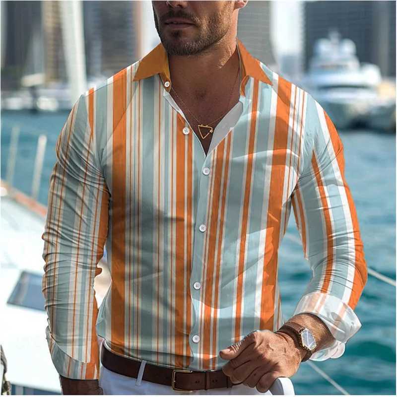 2024 Fashionable Casual Mens Line Printed Shirt Formal Spring Summer Lapel Long Sleeve 25 Colors XS-6XL Stretch Fabric Shirt W250312