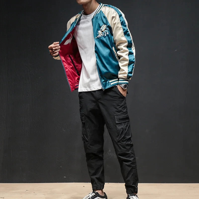 Satin bomber jacket womens Sukajan Crane ed hiphop boys Harajuku clothing autumn spring Z1 250312
