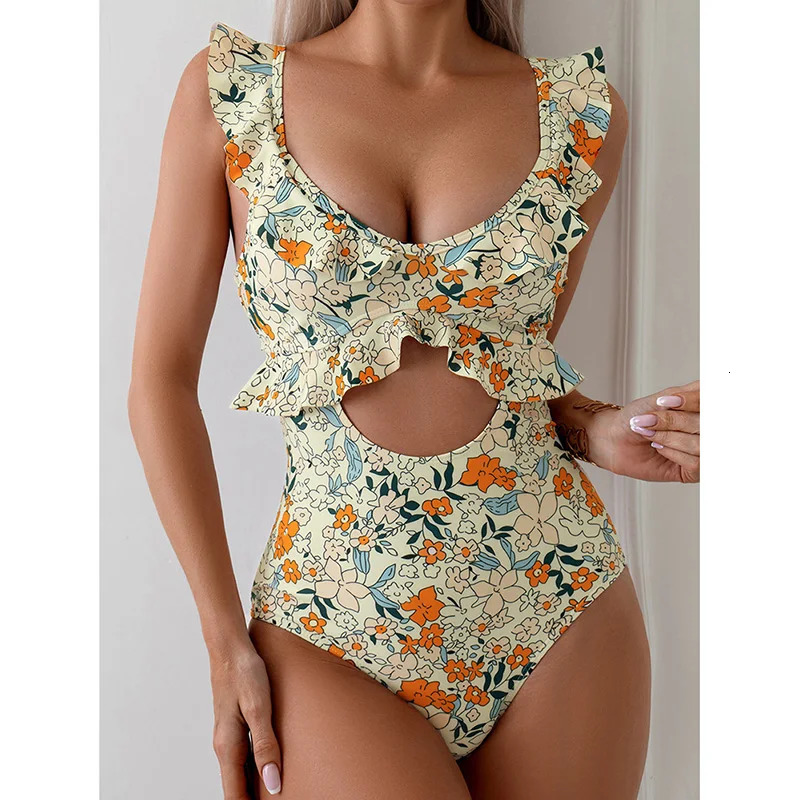Sexy Monokini Onepiece Stylish Ruffle Edge Swimsuit for Women ONeck Quick Dry Bikini Set 250311