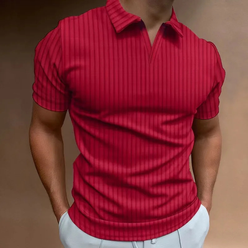 Summer Solid Color Polo Shirt Vneck Striped High Elasticity Thin Short Sleeve Mens Tshirt 250312