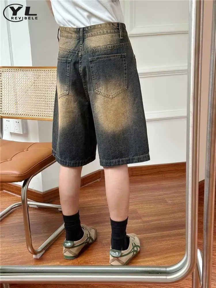 Baggy Casual Jean Shorts Mens Summer Mid High Waist Distressed Washed Denim Short Pants Male Street Vintage Knee Length 250312