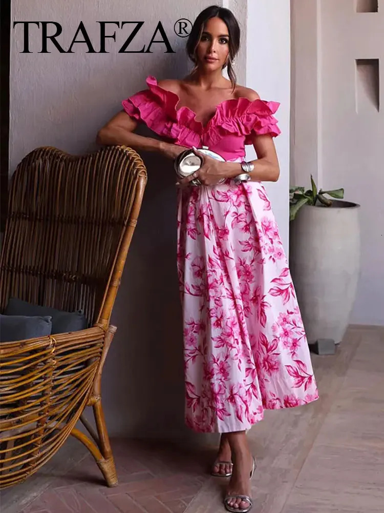 TRAFZA Women Pink Floral Print Skirt High Waist Slim Back Zipper Midi Skirts Elegant Woman Fashion Street ALine 250311