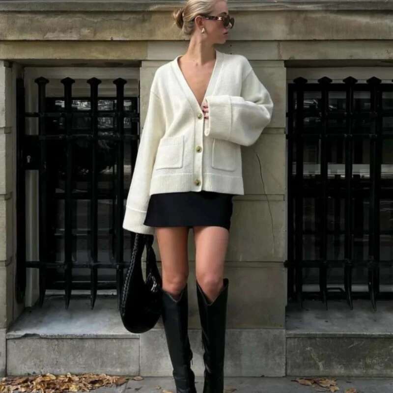 Retro Elegant Knitted Cardigan For Women V Neck Long Sleeve Casual Pocket Sweater Coat 2024 Autumn Lady Knit Outerwear