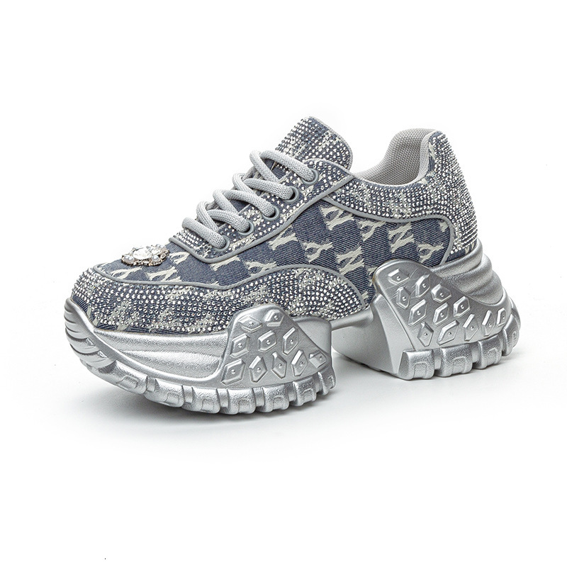 2025 New Women's Thick Soled Height Increasing Running Shoes Outdoor Designer Rhinestone Denim Korean Fashion Street Photography Casual Sports Sh