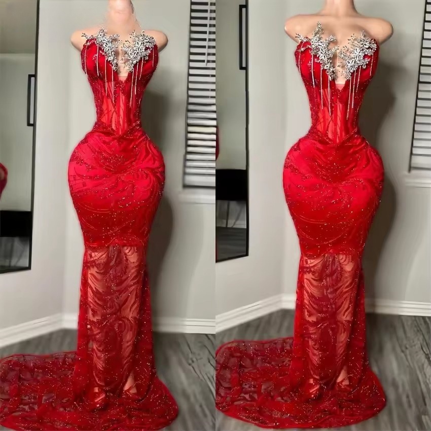 Red Mermaid Prom Dresse 2025 Black Girls Beading Dias Birthday Party Gown Evening Gowns Customized