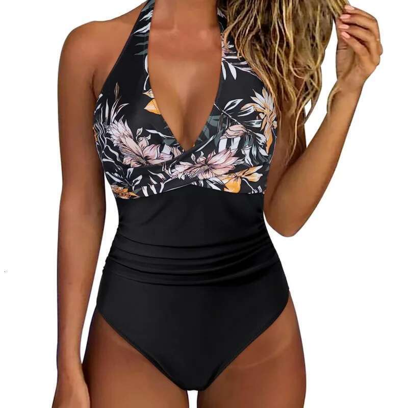 Summer Sexy V-Neck Swimsuits Women's One Piece Swimwear Push Up Vintage Halter Bodysuit Bathing Suits Printing Swimming Wear Beachwear Pool Bathe