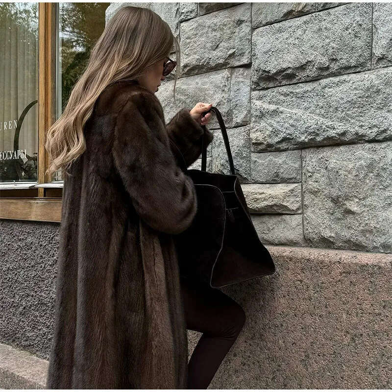 2024 Autumn And Winter Women's Personalized Street Luxury Dark Brown Imitation Fox Fur Coat For Women
