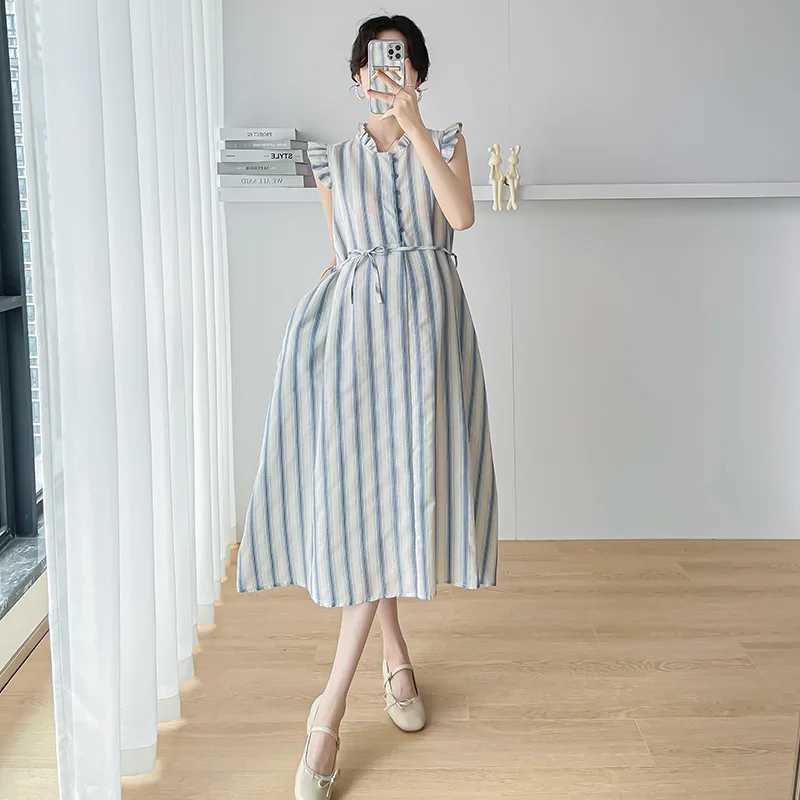 Pregnant Womens Dress Summer Drawstring O-neck Short Sleeved Printing Maternity Beach Dresses for HolidayT250311