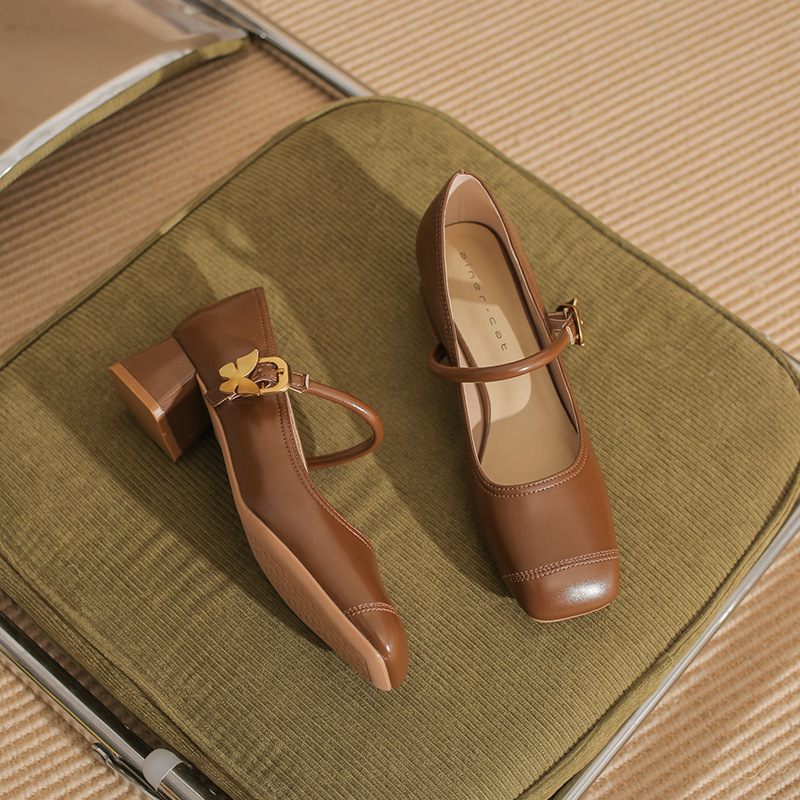 High Heels Women's Coarse 2025 New Square Head Middle Heel One Word Mary Jane Single Shoes #ddmypanda