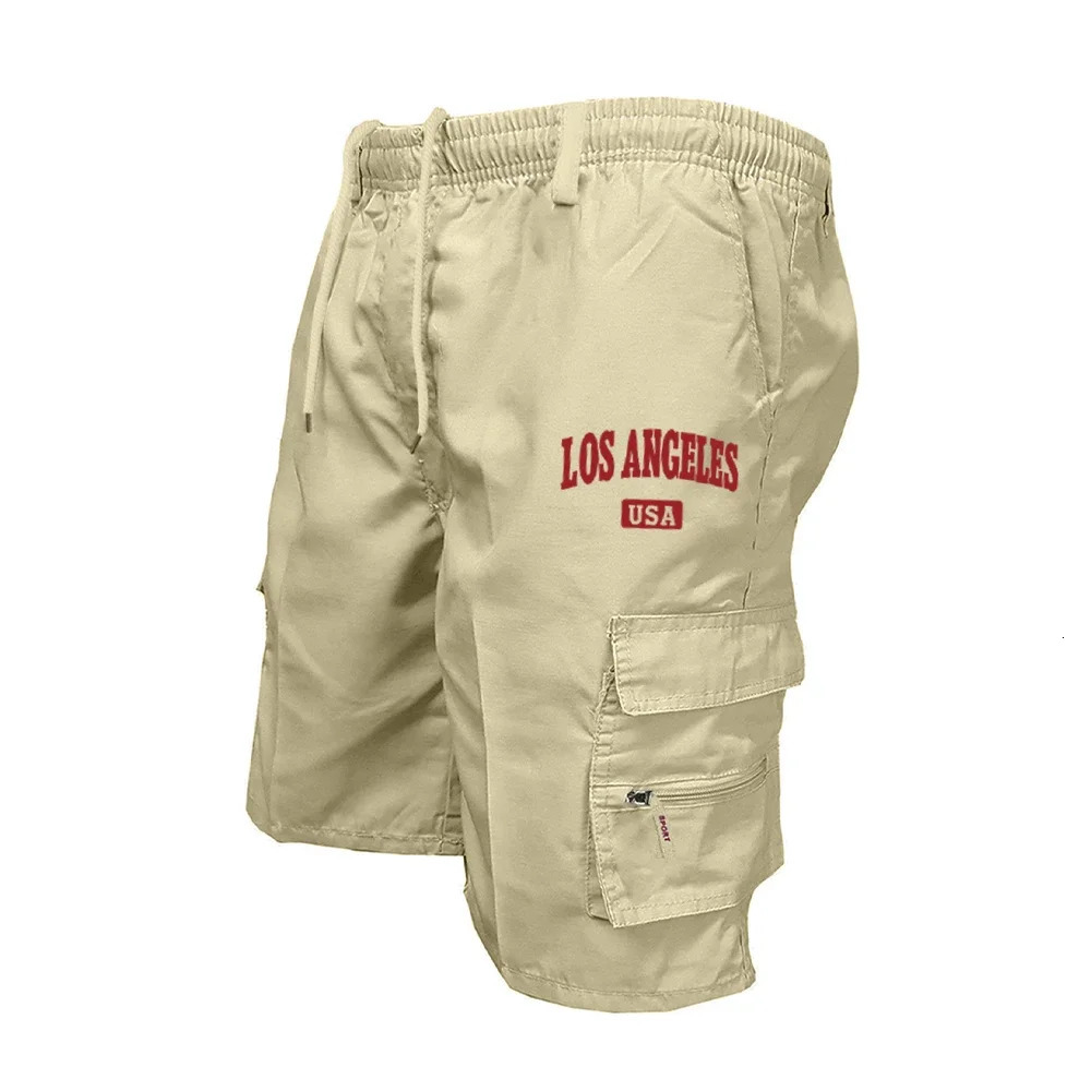 Outdoor cargo short leg mens wrap elastic waist bicycle multi pocket loose work beach sports printed bag 250312