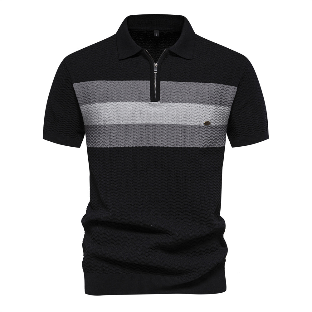 tracksuit 2025 summer new high-end striped business thin and versatile men's lapel half zipper short sleeved t shirt