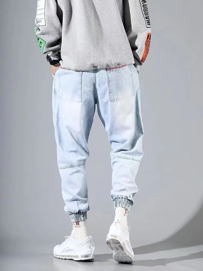 S5XL mens pocket jeans autumnwinter fashionable loose cargo casual Korean slim leg hiphop pants blue 250311