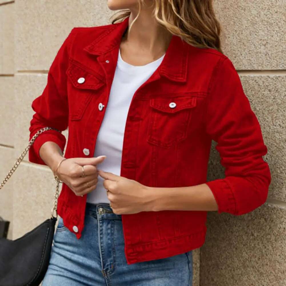 Denim Jacket Single-Breasted Solid Color Lapel Flap Pockets Cardigan Warm Buttons Slim Fit High Street Women Coat