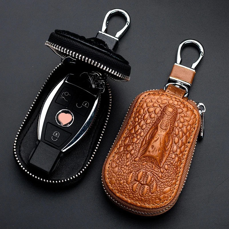 Cowhide Car Key Wallet Case Genuine Leather Pattern Zipper Cover Mini Waist Trailer Bag Unisex with Metal Buckle 250311