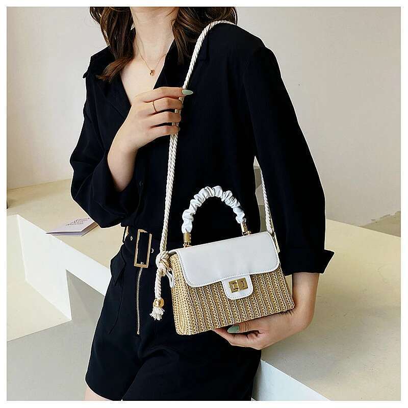 Straw Beach for Women 2025 Summer Pleated Handle Designer Bag Contrast Color Crossbody Purse and Handbag Lady Bolsos