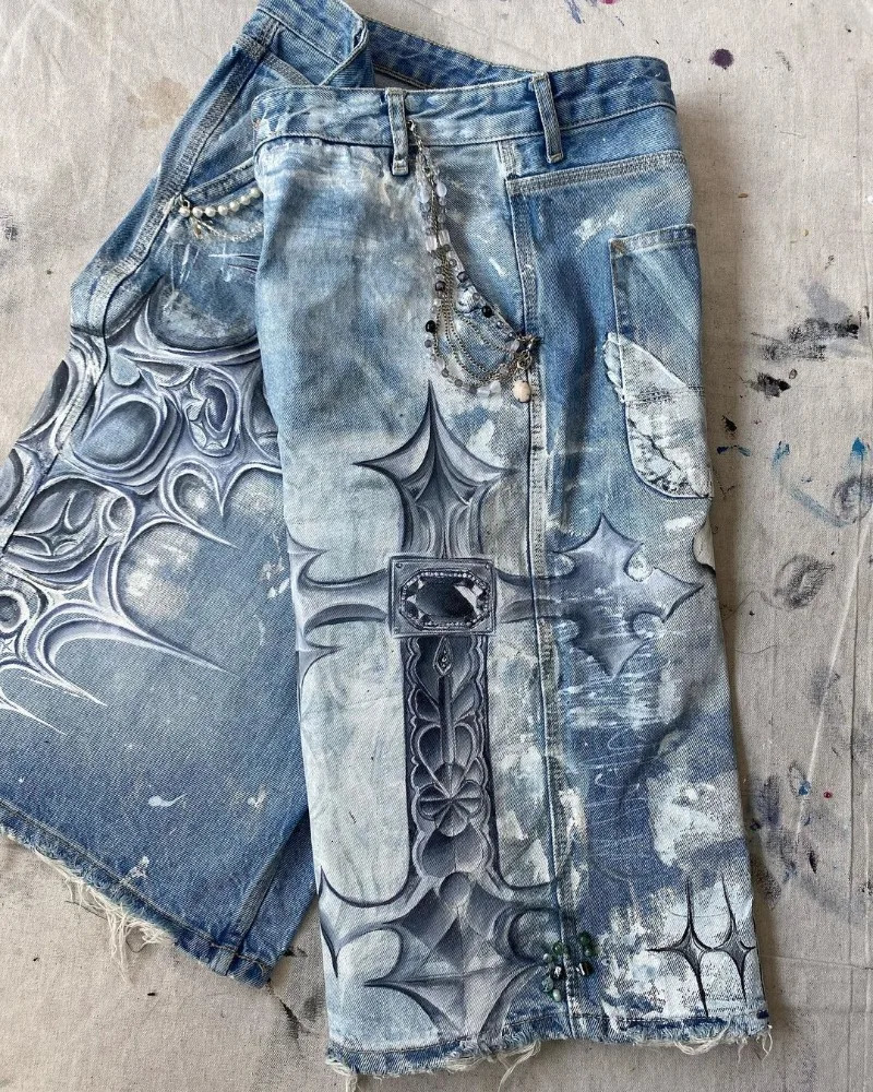 High Street Fashion High Waist Washed Denim Shorts Women Y2k American Hip Hop Rock Fashion Graffiti Oversized Shorts Men 250310