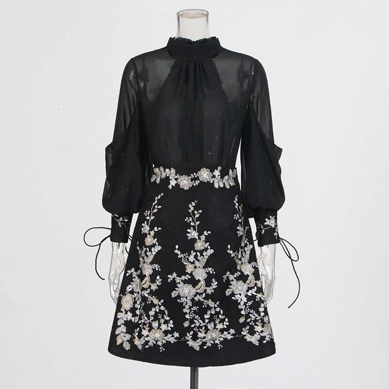 TWOTWINSTYLE Elegant Two Piece Set For Women Stand Collar Lantern Sleeve Top High Waist A E Skirt Slimming Sets Female New