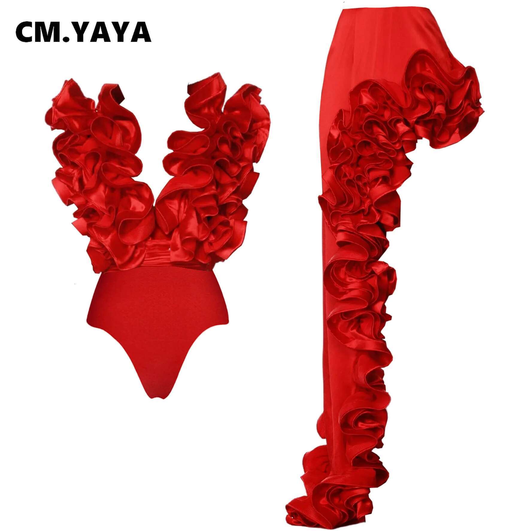 Cm.Yaya Women Streetwear 2 Two-Piece Suits Sexy Beach Holiday Ruffles Asymmetrical V-Neck Bodysuit+Long Skirts Bikinis Sets