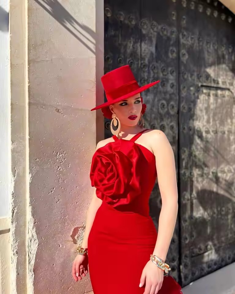 Spanish Red Mermaid Evening Dresses With Big Ruffled 3D Wer Puffy Tiered Bottom Long Formal Ocn Birthday Party Gown