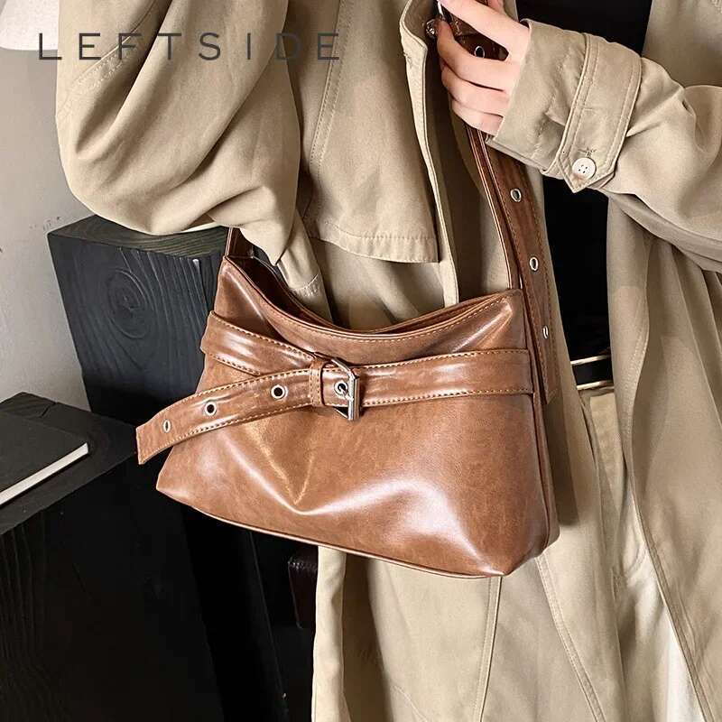LEFTSIDE Belt Design Small PU Leather Cross Body Bags Lady Shoulder Bag For Women 2024 New Trend Fashion Handbags And Purses