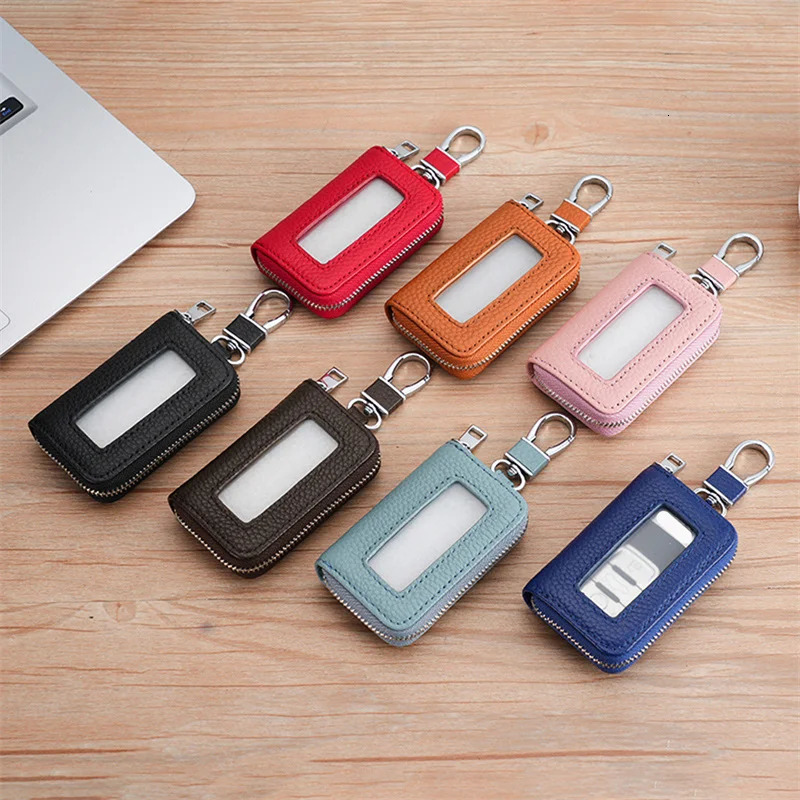 Car key bag Lychee pattern top layer denim key bag PU leather keychain large capacity neutral key bag 250311