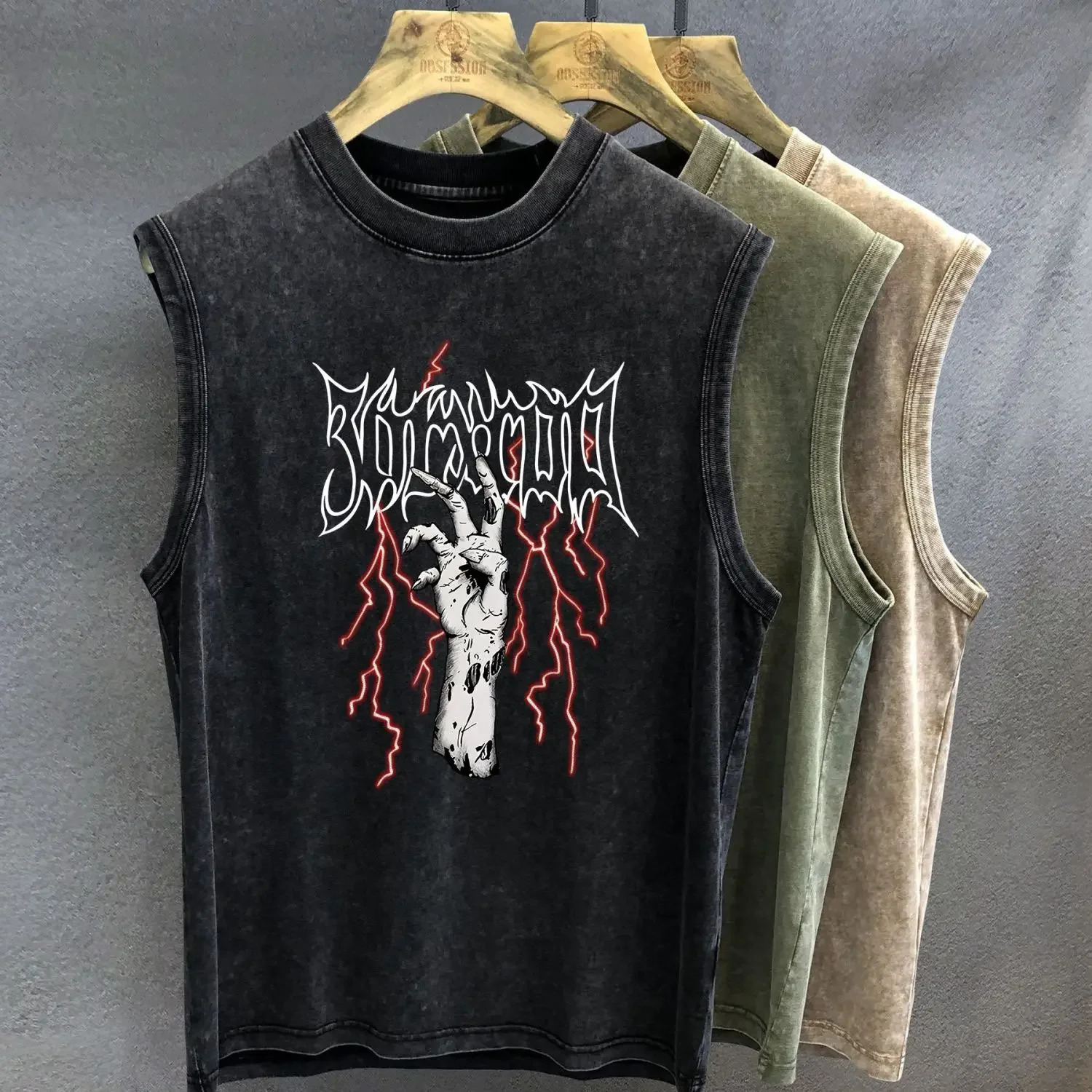 Street bike vest American street hip-hop sleeveless T-shirt loose vest top crew neck fitness 250311