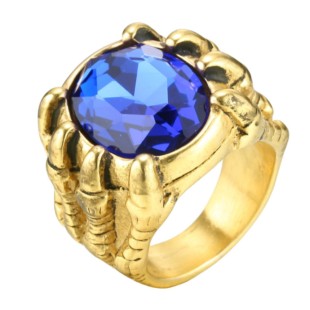 Retro Ice Colorful crystal Casting High Polished Dragon Claw Ring Stainless Steel Jewelry