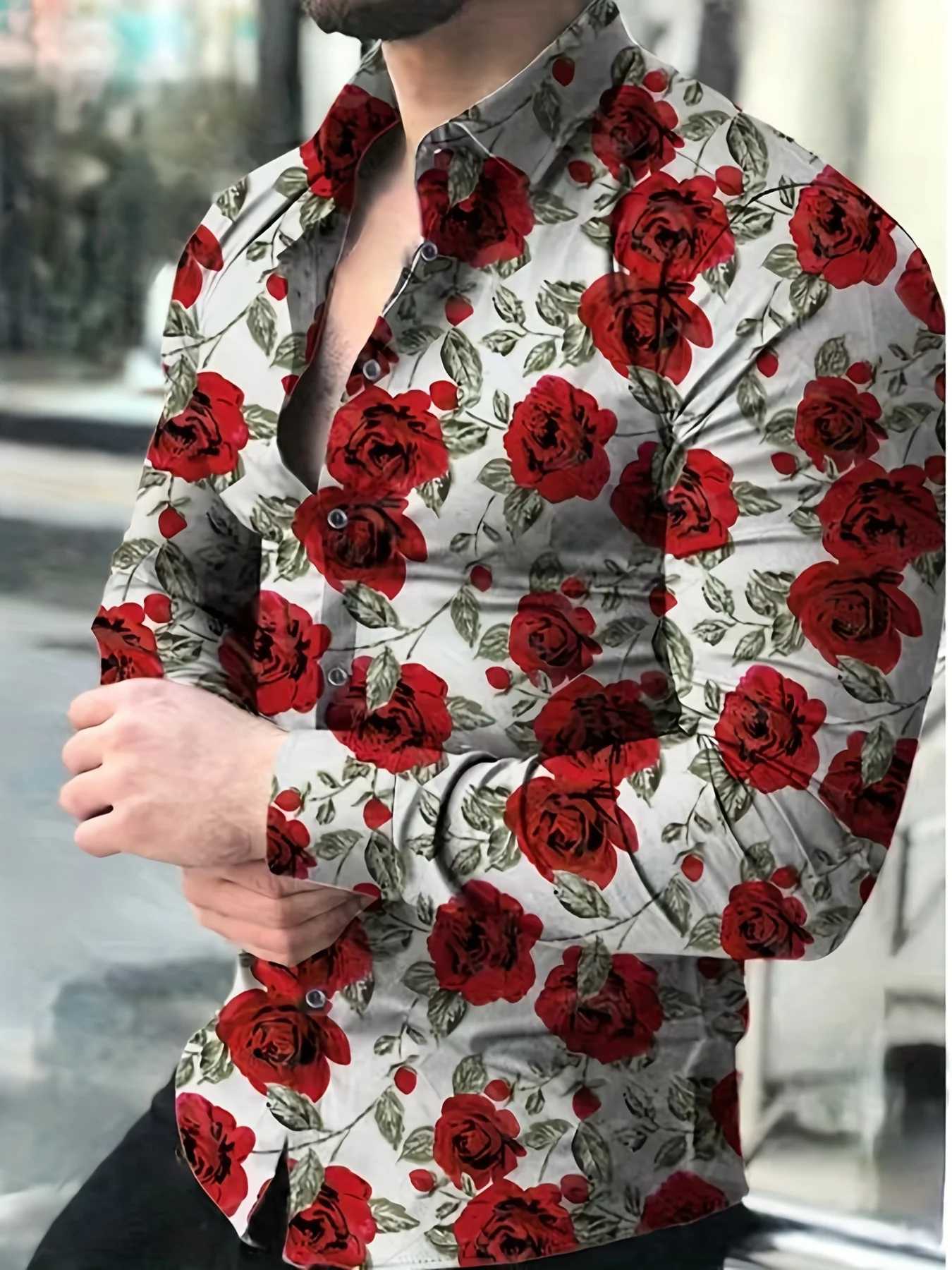 Mens Fashion 3D Rose Pattern Printed Shirt Oversized Spring/Summer Mens Retro Paisley Pattern Long Sleeve Shirt Clothing W250312