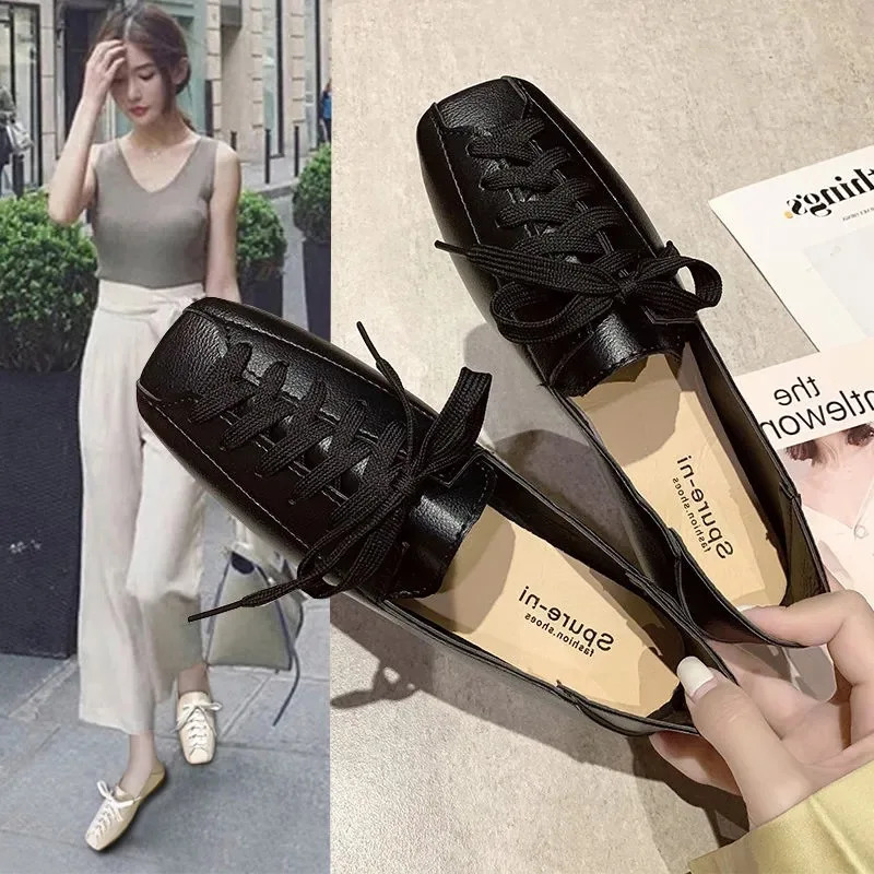 ZANPACE Casual Square Toe Platform Shoes Spring Lace-Up PU Loafers Women Shoes Soft Flat with Leather Shoes Female 250305