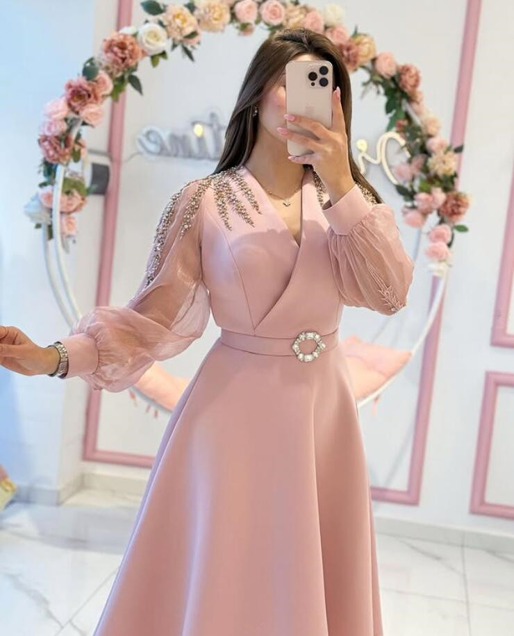 Pink Tea-length Saudi Evening Formal Dresses Long Sleeve Crystal Beaded Customsized Dubai Arabic Prom Occasion Gown 2025