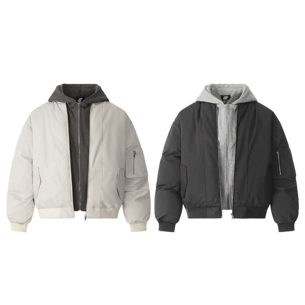 Jiayiku Trendy Brand 2024 Winter New American Thick Fake Two Piece Flight Coat Hooded Cotton Jacket