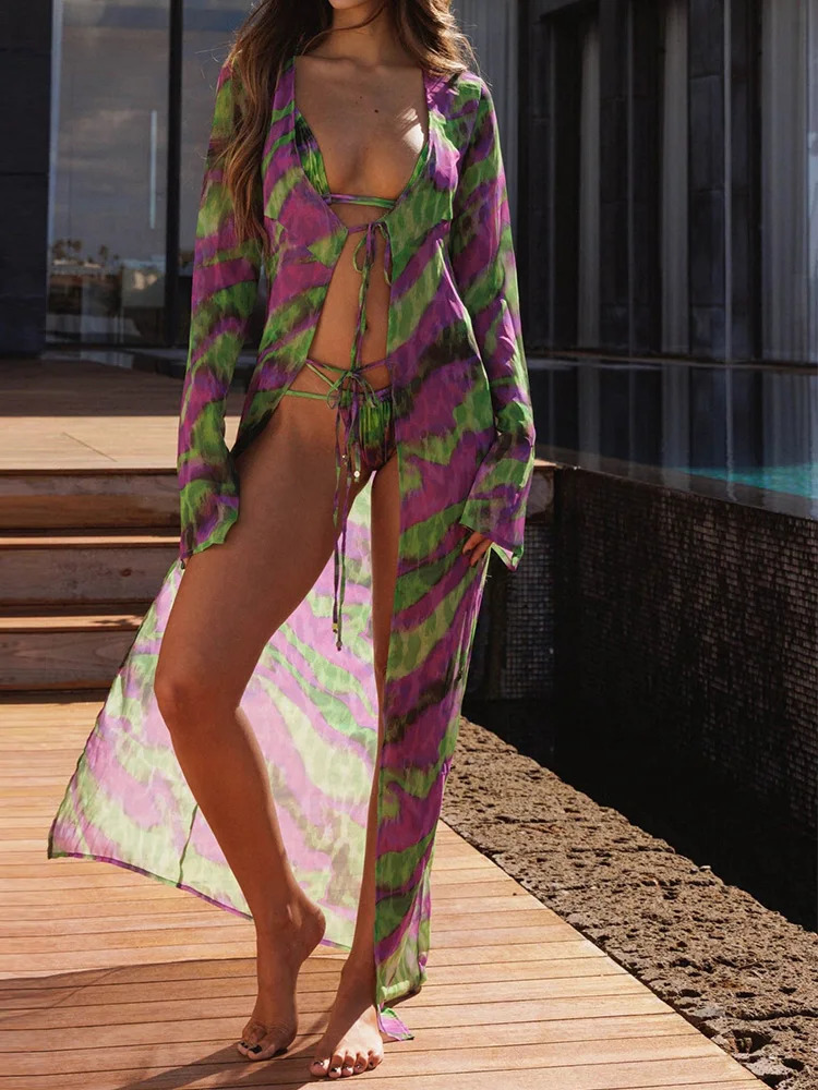 ZRTAK Mesh Cover Ups Sexy 3 PCS Bikini Dress Push UP Set Women Swimsuit Swimwear Bathing Suit Beachwear Summer 250310