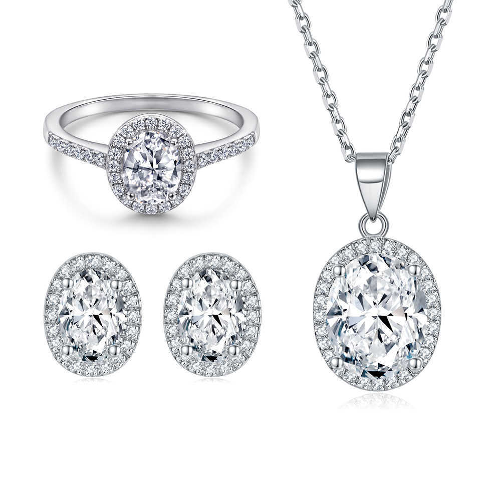 Jewelry set of three pieces zircon s925 silver ring womens round necklace pure silver earrings W250312