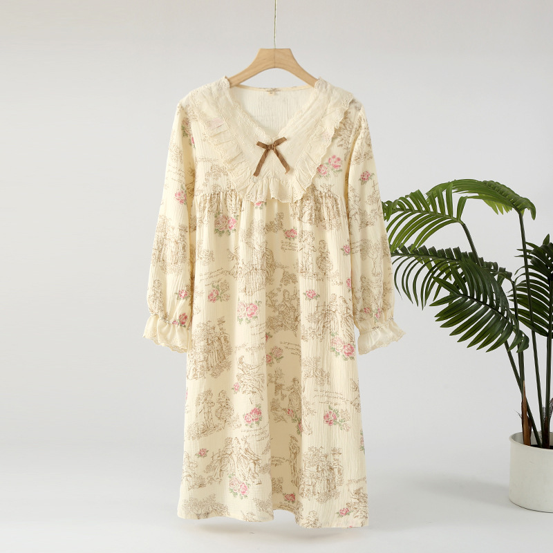 B773-Gentle women's floral pure cotton yarn loose double-layer gauze home clothes pajamas set autumn long sleeve home wear