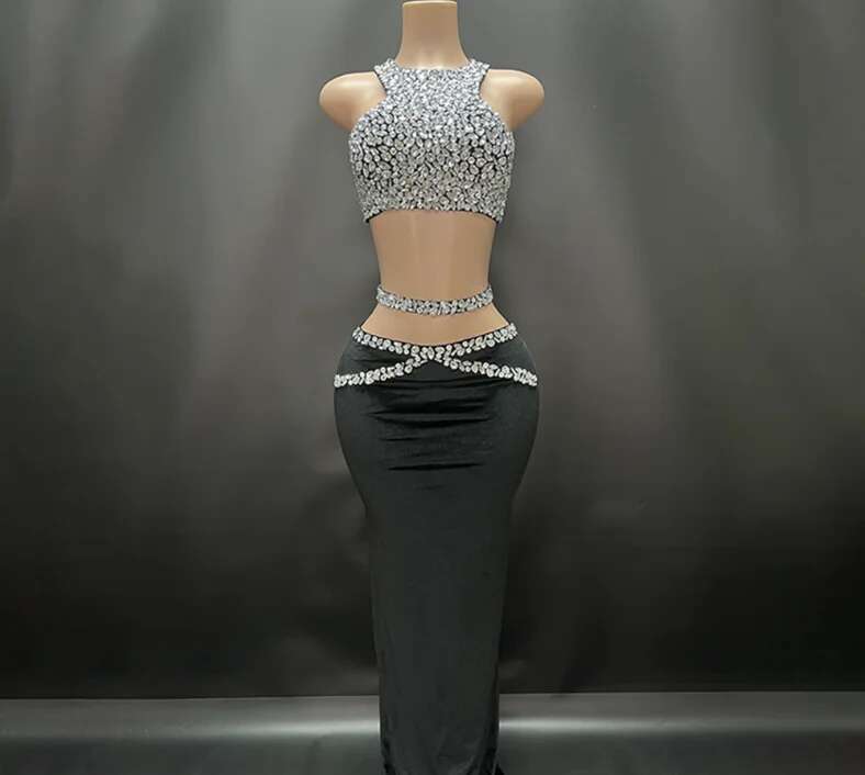 Sparkly Crystal Tops 2 Pieces Bodycon Long Dress Women Sexy Off The Shoulder Nightclub Party Performance Costume