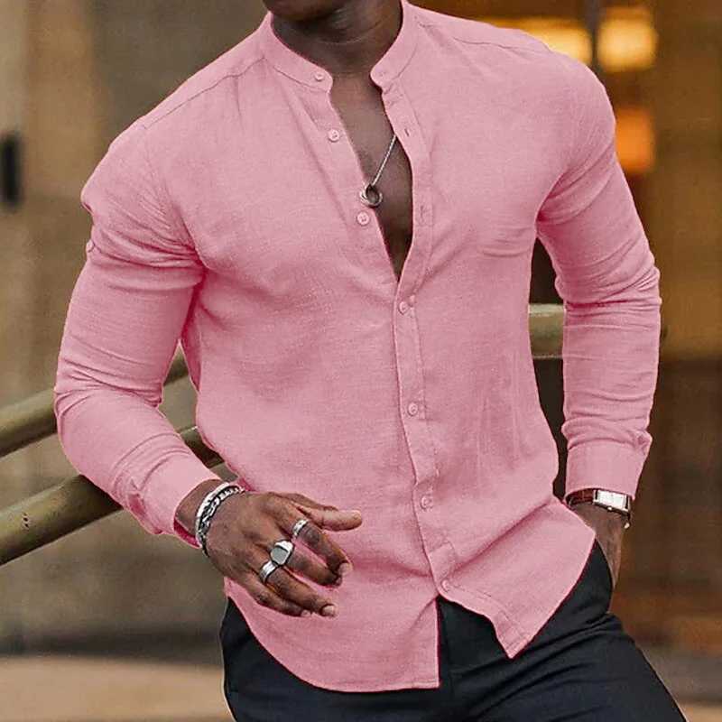 Mens summer shirt beachwear button up shirt stand up collar shirt black and white pink long sleeved summer Hawaii 6XL W250312