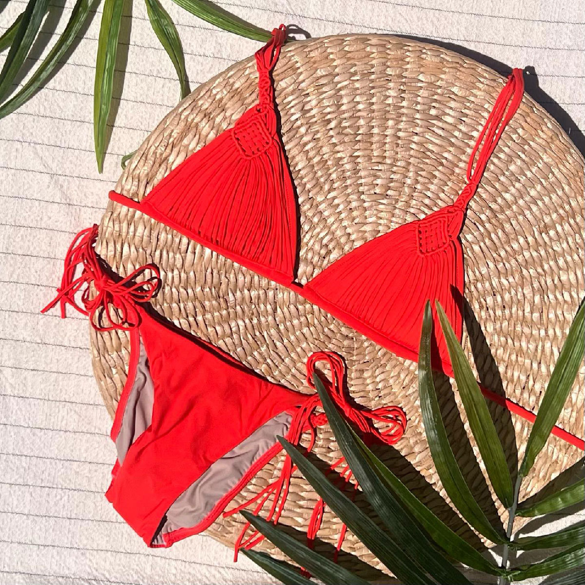 bandage strip Brazilian bikini swimsuit womens woven rope swimsuit two-piece set womens sexy unprinted beach wear summer 250109