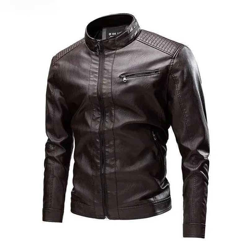 New Spring and Autumn Mens PU Jacket Mens Leisure Motorcycle Stitched Standing Collar Bicycle Warm Wool Lining Mens CoatsT250311
