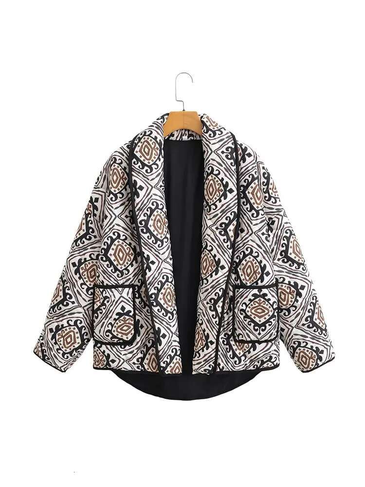 2023 Autumn Printed Quilted Cotton Coat Long Sleeve Winter Jacket Women Cropped Parka Vintage Street Outerwear
