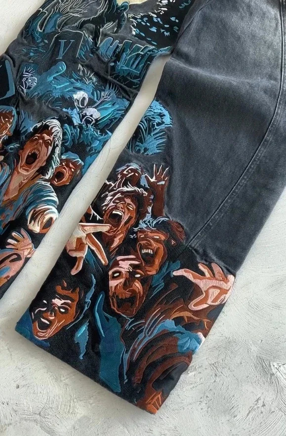 Y2k Thriller Pattern Hip Hop Embroidery Baggy Jeans Women Gothic Streetwear Straight Patchwork Black Retro Denim Men Clothes 250310