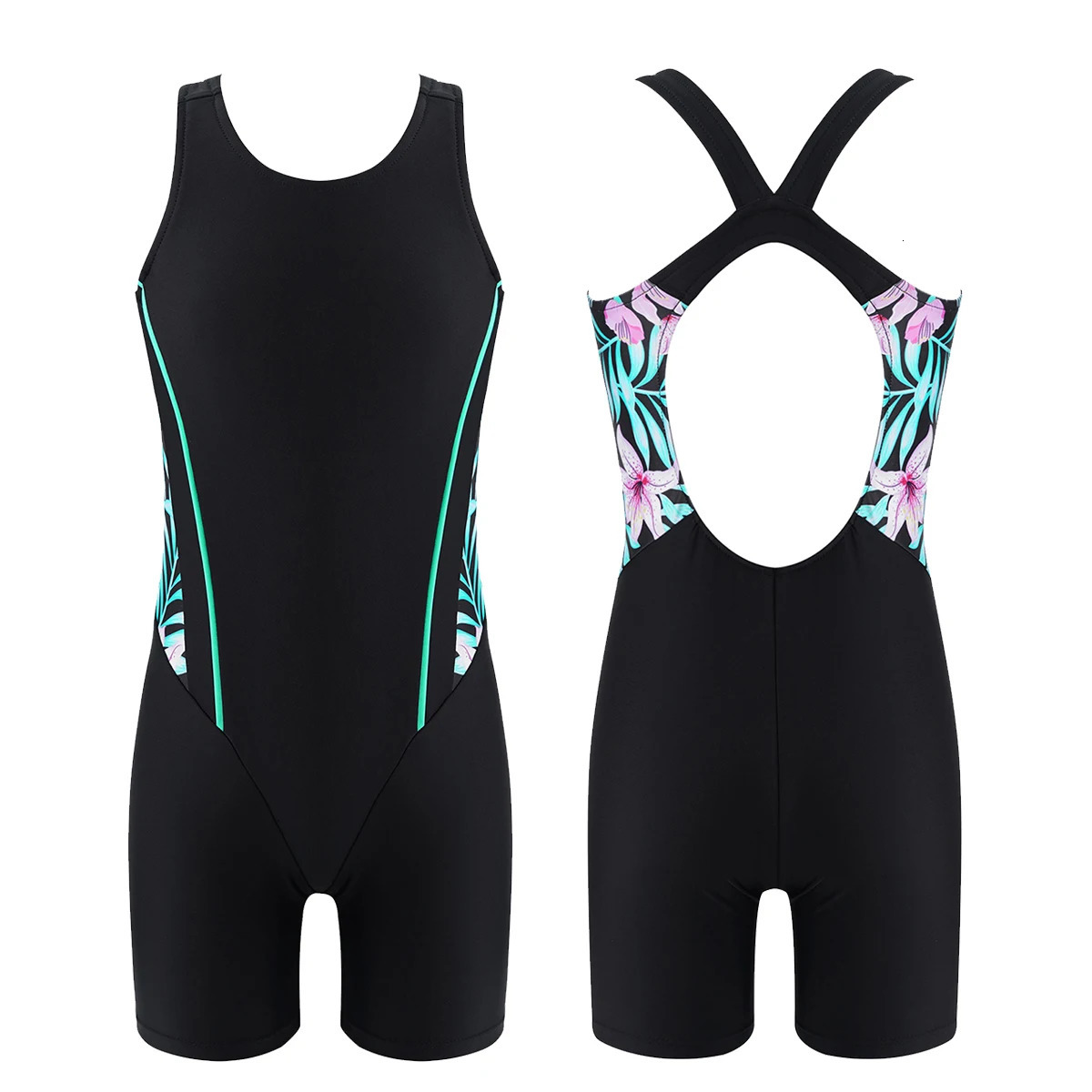 Kids Girls One-piece Swimwear Summer Sleeveless Open Back Print Short Jumpsuit Bodysuit for Beach Pool Swimming Bathing Suit 250311