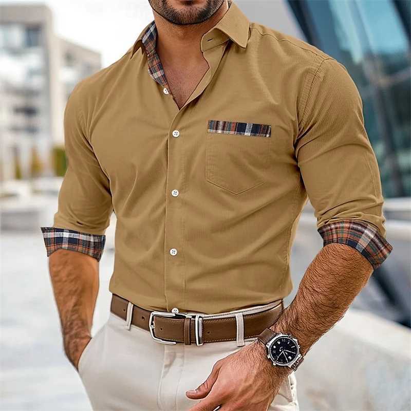 Mens formal shirt black navy blue brown khaki long sleeved plain collar spring autumn outdoor patch work front pocket shirt 6XL W250312