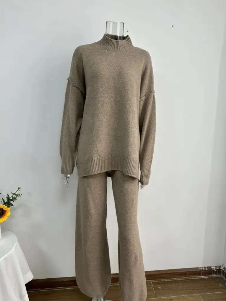 Turtleneck Sweater Knit Suit Women's Autumn spring New Loose Casual Lazy Knitted Pullover Top+ Long Pants 2 Pieces Set Outfits